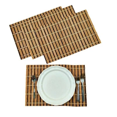 Wooden Bamboo Slats Placemats 4 Yarn Brown Beige 18.5 x 12 Inch BOHO Neutral - Image 1 of 4