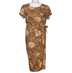 Vintage 80s B.T. Express Long Pencil Dress Size 14 Wrap Brown Animal Print Retro - Picture 1 of 9