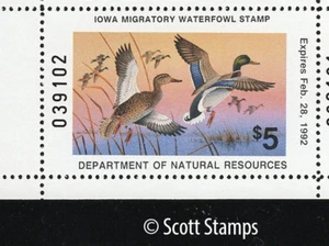 Sello IA20 1991 Iowa Duck - MNH - Mallards - Artista: Jerry Raedeke - Imagen 1 de 1