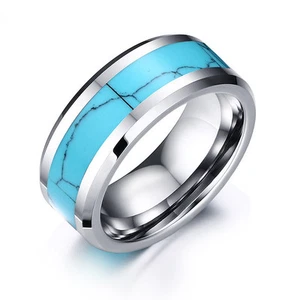 8MM Tungsten Steel Turquoise Band Men's Wedding Party Engagement Ring Size 7-12 - Picture 1 of 14