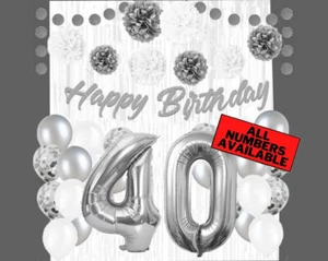 Silver & White 40th Birthday Decorations - 40" Number Balloons &More-Boy or Girl - Picture 1 of 5
