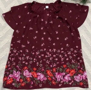Old Navy Top Womens L Merlot Red With Pink Orange Green Floral Short Sleeve - Picture 1 of 8