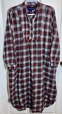 Camisa de Noche Charter Club Franela Vestido Rojo Verde Cuadros Manga Larga Bolsillos Mediana Foto 1 de 4