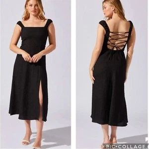Neu mit Etikett Astr The Label Midi-Cocktailkleid Crinkle-Schulter Party schwarz Medium - Bild 1 von 2