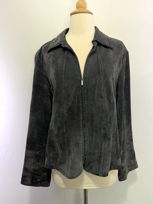 Y2K Live A Little Suede Leather Jacket XL Dark Gray Zip Front Boho Western Moto - Image 1 of 4