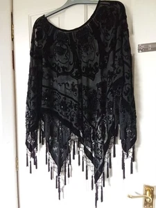 RIVER ISLAND GOTH PONCHO ONE SIZE BLACK VELVET DEVOURE TASSEL HAND BEADED - Picture 1 of 24