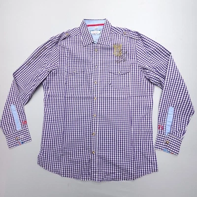 Camicia OS Trachten uomo XL viola Gingham Bavarian Oktoberfest polsino ribaltabile usata in ottime condizioni - Immagine 1 di 4