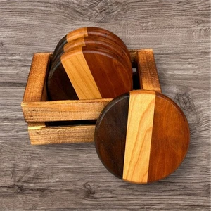 Handarbeit Untersetzer Set Kirsche Nussbaum und Ahorn rund über Rand rustikal Büro - Bild 1 von 1