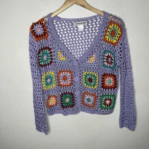 Cotton Emporium Crochet Granny Square Purple Cardigan Sweater Boho Women’s Small - Bild 1 von 9