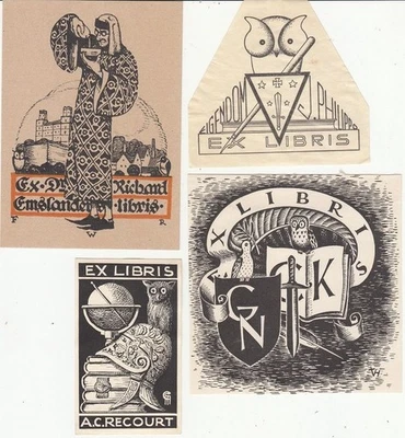 4 Exlibris Bookplate Konvolut Lot Eulen 4 Akt - Bild 1 von 2