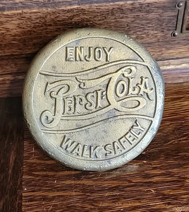 1920s-1930s PEPSI COLA Cast Brass Walk Safely Double Dot Sidewalk Advertising - Picture 1 of 13