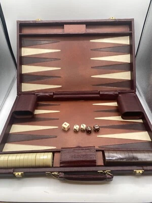 Vintage Backgammon Board Game w/Carry Case 12”x 18”x 2.25” Brown Cream COMPLETE - Image 1 of 4