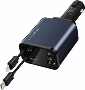 Retractable Car Charger 4 in 1 Fast Car Phone Charger 65W with USB Type C Cable - Picture 1 of 7