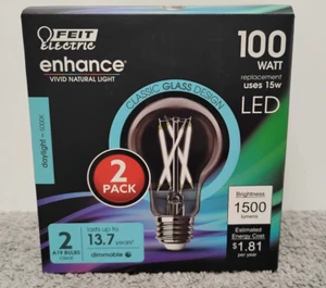 2PK NEW FEIT ELECTRIC A19 BULBS CLEAR/ 100W DAYLIGHT 5000K/ 1500LUMENS. ( 03 ) - Picture 1 of 7