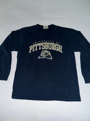 Men's Y2K Pitt Panthers Pittsburgh Long Sleeve Logo Spellout Blue Shirt Size L Cover