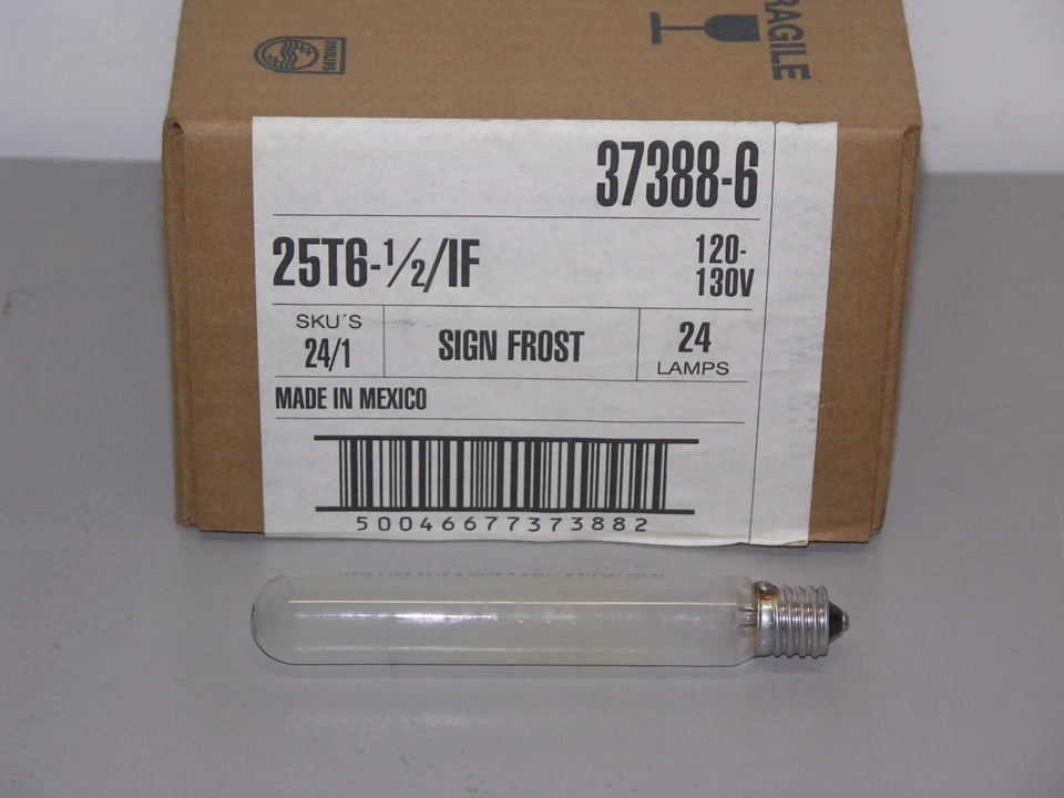 (Case of 24) Philips 25T6-1/2/IF Frosted Tubular Bulb 120-130V, 25W, 1/2"x5-1/2" - Image 1 of 1