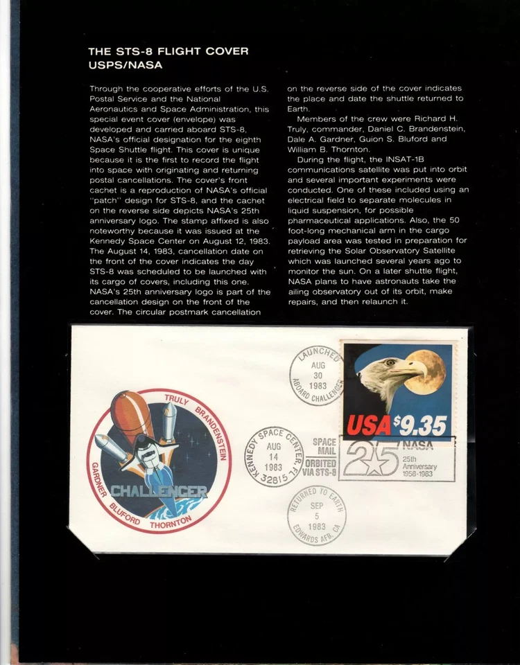 The STS-8 Challenger Flight Day Cover USPS NASA Space 9.35 1983 - Image 1 of 4