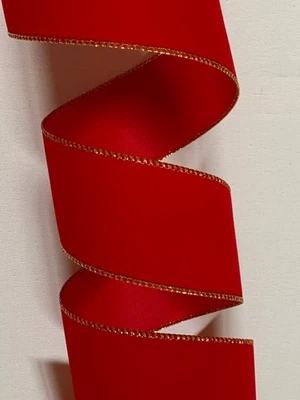 2.5" Wired Red Velvet Ribbon Christmas gold edge ribbon 10 Yards - Image 1 of 2