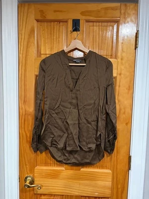 Vince Women’s Silk Blouse Size 2 Olive Brown V-Neck Long Sleeve Minimalist - Image 1 of 4