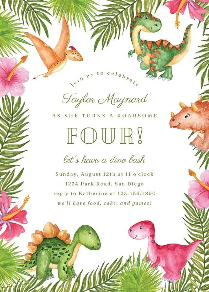 Digital Dino Dinosaur Birthday Party Invitation Personalized Texts 1 - Image 1 of 4