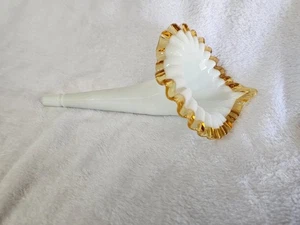 Vintage Fenton White Milk Glass Yellow Trim Ruffled Horn Vase Replacement 9.5" - Picture 1 of 12