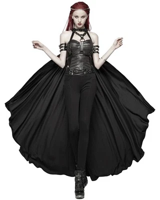 Punk Rave Womens Gothic Cyberpunk Chained Harness Straps & Long Cape Cloak Black - Image 1 of 4