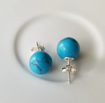 Blue Color Turquoise 8mm Ball Stud Earrings Solid 925 Sterling Silver - Image 1 of 4