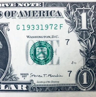 1933 - 1972 Tombstone Dual Year Note One Dollar Bill Fancy Serial Number - Image 1 of 3