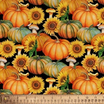 David Textiles Pumpkins Mushrooms 100% Cotton Fabric One Yard Precut #FA12 - Image 1 of 2