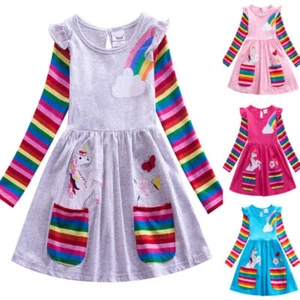 Kids Girls Princess Unicorn Rainbow Long Sleeve Dress Casual Birthday Clothes - Picture 1 of 10