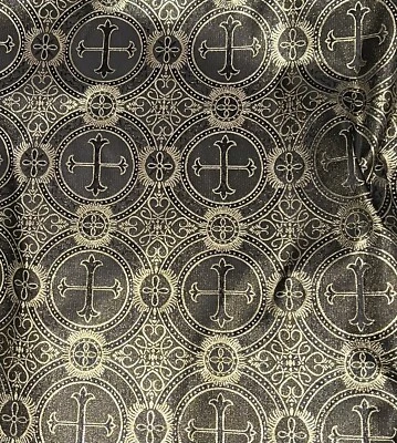 Black Gold Metallic Church Cross Brocade Fabric 60” Width Sold By The Yard - Image 1 of 3