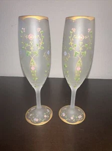 Seville Sake Champagne Glasses Sakura Cherry Blossoms Pair Wedding Flutes - Picture 1 of 6