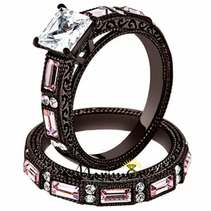 Juego de 2 piezas de anillo de boda marrón acero inoxidable diseño antiguo de circonia multipiedra talla 5-10 - Imagen 1 de 8