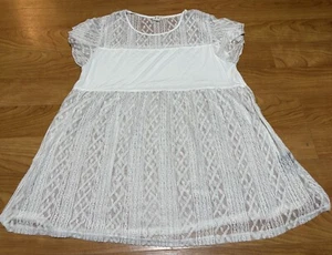 POL Babydoll Style Blouse Lace Accent Short Sleeve White Women’s Large - Picture 1 of 10