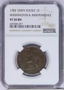 1783 Unity Sates 1c Copper Washington & Independence Colonial NGC VF30 BN - Picture 1 of 2