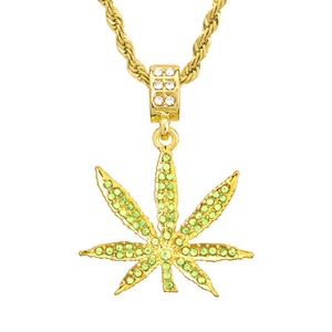 Men's Leaf Weed Marijuana CZ Pendant 24" Rope Chain Necklace HC 1064 - Picture 1 of 6