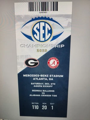 Réplica de talón de boleto del Campeonato de Fútbol de la SEC 2025 12/07 - GEORGIA vs ALABAMA Foto 1 de 2