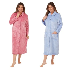 Ladies Button Front Housecoat Fleece Embossed Dressing Gown Robe With Pockets - Picture 1 of 12