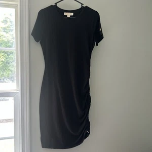 MICHAEL KORS T-shirt Dress Women Size Small Stretch Cotton Black Ruched NEW - Picture 1 of 11