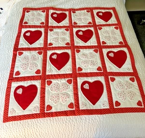 Hand Quilted Hand Embroidered Heart Quilt 32" Long x 28.5" Wide Table Topper NEW - Picture 1 of 10