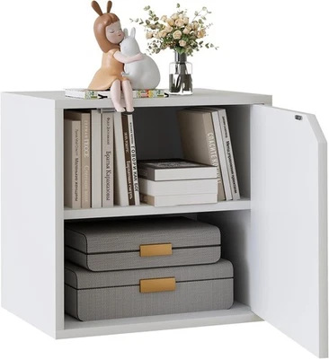 2 Tier White Stackable Storage Shelf w Door, Cubby Organizer Wooden Modern Book - Image 1 of 4