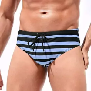 Light Blue & Black Striped Men's Swim Briefs w/ Drawstring. Size Medium 32"-34" - Picture 1 of 5