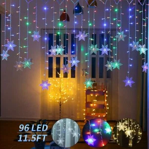 96LED Snowflake Fairy String Lights Curtain Window 8 Modes Christmas Party Decor - Picture 1 of 16