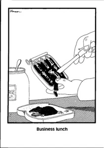 Gary Larson Far Side Business Men Lunch Sardines Cartoon Comic postcard GP6 - Picture 1 of 2