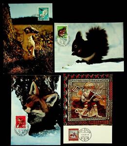 SWITZERLAND 1966 WEASEL, SQIRREL, FOX LEAVING ITS KENNEL ETC. 4 MAXIM CARDS