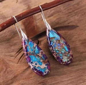 Sea Sediment Jasper Stone Teardrop Dangle Earrings Natural Gemstone Drop Earring - Picture 1 of 2