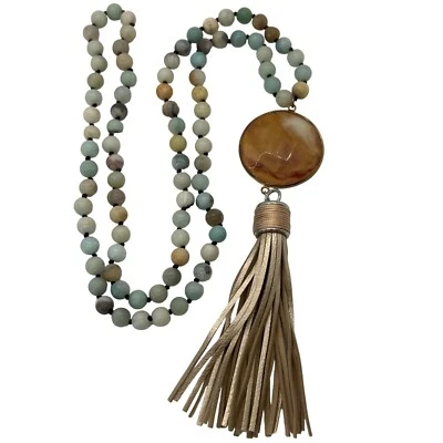 Collar de cuentas de amazonita con colgante de ágata y borla de cuero tostado sin cierre 32" Foto 1 de 4