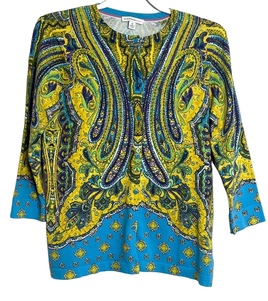 Suéter Isaac Mizrahi Mujer Cárdigan Mediano Tejido Top Paisley Azul Amarillo Trabajo Foto 1 de 4