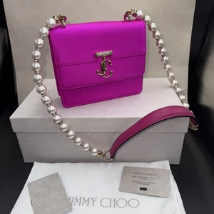 JIMMY CHOO Avenue quad XS fuchsia satin Shoulder pearl Bag Handbag Rrp £1195 - Picture 1 of 12