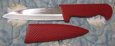 Cuchillo forrado Joyce Chen de acero inoxidable con mango rojo de 4" Foto 1 de 2